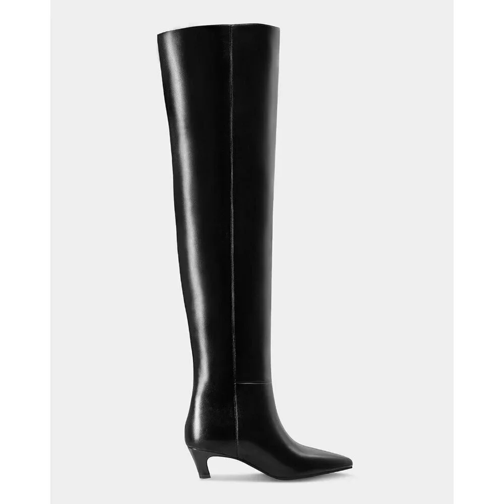 🆕Women Black-wide Calf Polyurethane Over the Knee Pointed Toe Block Heel Boot